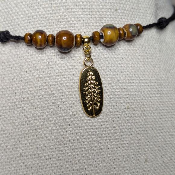Pine Tree Charm Stainless Steel Ceramic Beaded Brown Gold Hippie Choker Necklace - Picture 2 of 6
